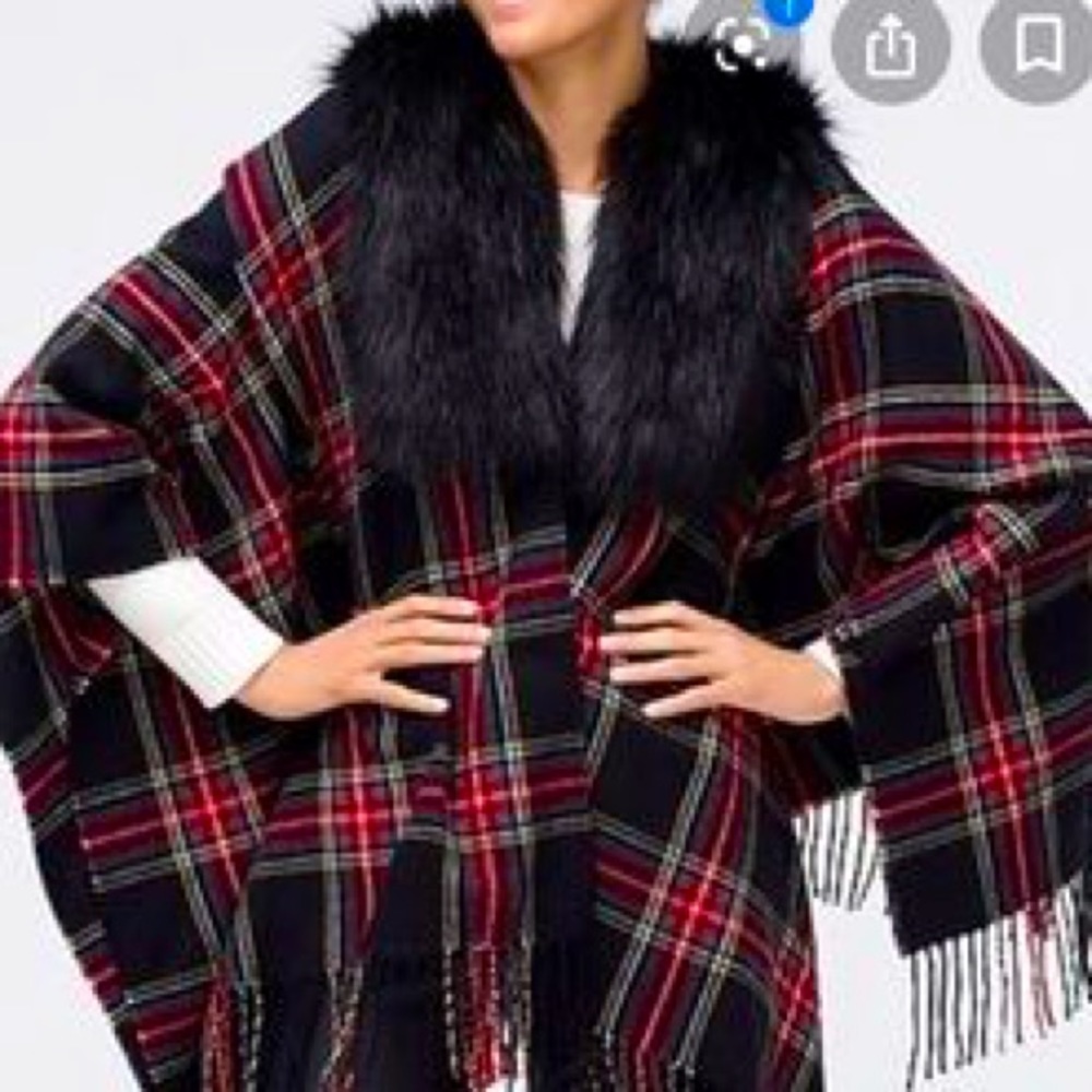 Jcrew faux fur scarf cape in tartan plaid NWT